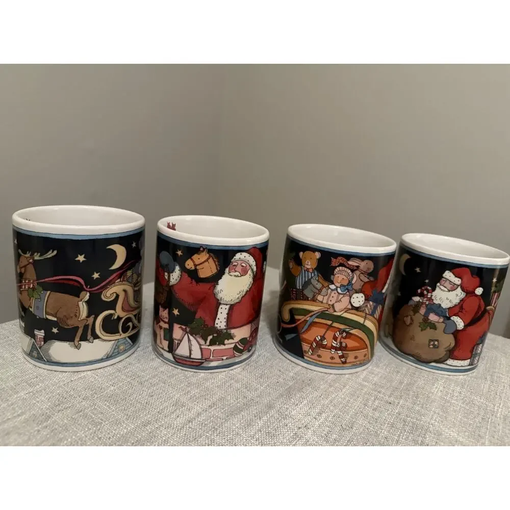 ❄️ Susan Winget Certified International Christmas Mugs Set of 4 Santa Sleigh 4”